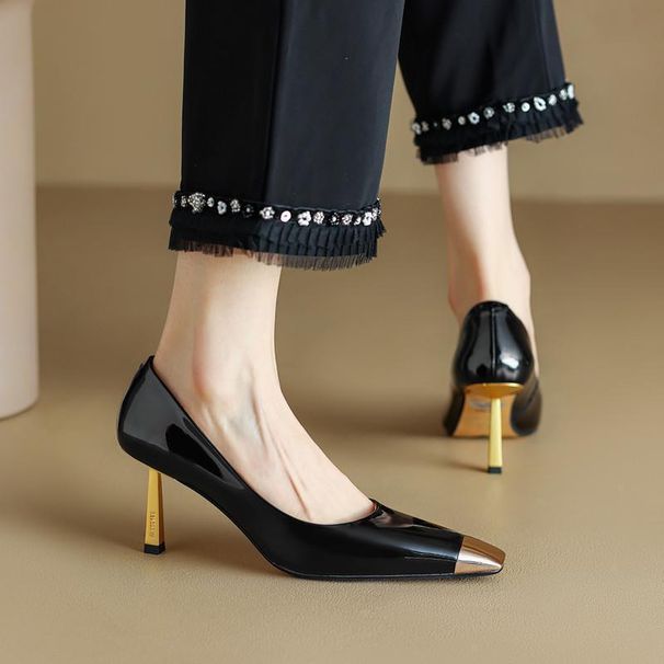 Chic French-Inspired Pointed-Toe Stiletto Pumps – Elegant Metallic-Toe PU Leather Heels With 7cm Slim Heel – Classic Black & Nude For Office & Evening_vogvips.com