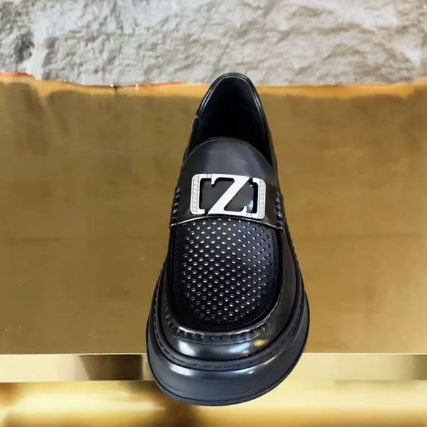 Euro Step Hollow Out Perforated Lazy Business Casual Shoes Men's Thick Sole Versatile Genuine Leather Breathable Loafers_vogvips.com