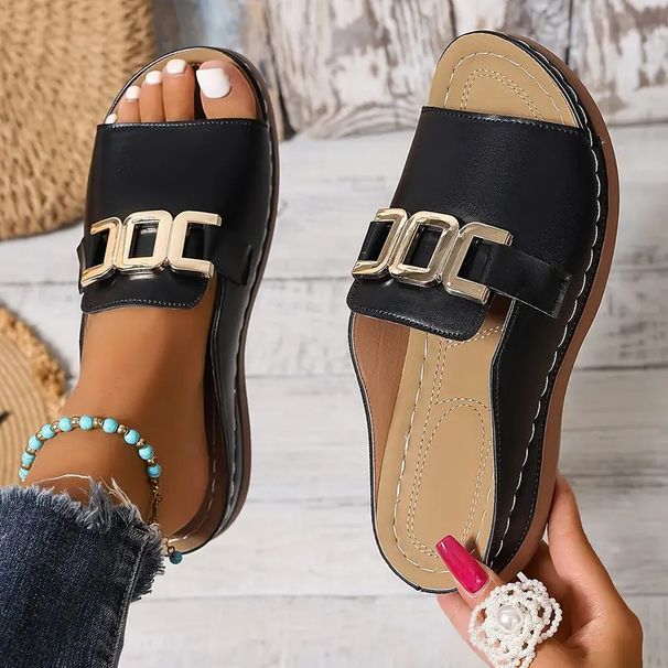 2025 Wedge Heel Thick-soled Slippers For Women 2025 New Large-sized Casual, Fashionable And Simple Metal Buckle Fish-mouth Sandals_vogvips.com
