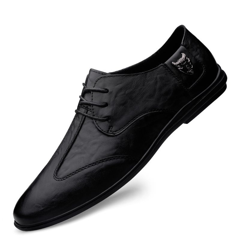 First Layer Casual Men's Formal Soft-soled Leather Shoes Men's Lace-up Shallow Mouth Splicing_vogvips.com