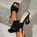 Cool Stylish Black Elastic Mule Sandals With Transparent Hollow Crystal Chunky Heel And Square Toe High Heels For Women_vogvips.com