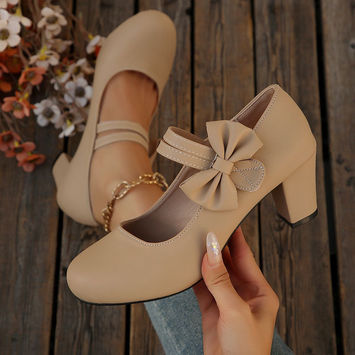 Plus Size Mary Jane High Heels For Women Chunky Heel Shoes With Bow And Velcro Strap Style Casual Single Shoes_vogvips.com