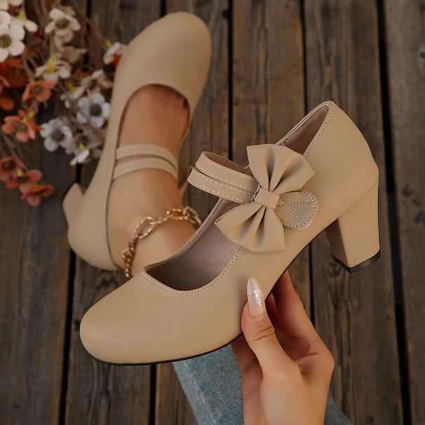 Plus Size Mary Jane High Heels For Women Chunky Heel Shoes With Bow And Velcro Strap Style Casual Single Shoes_vogvips.com