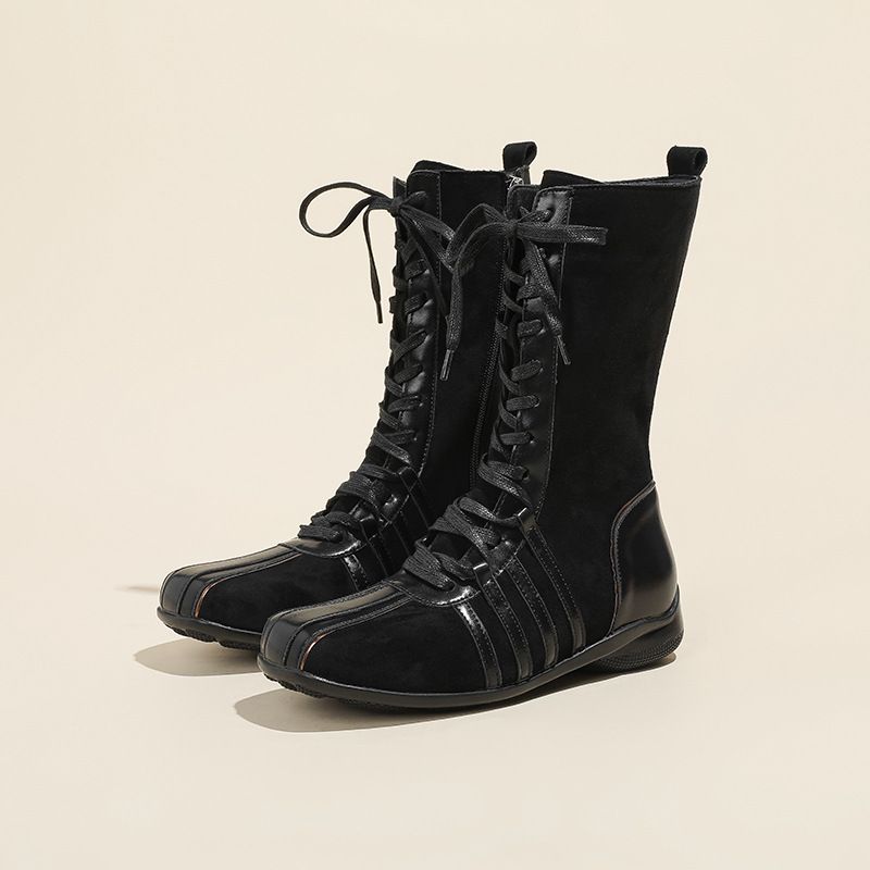 Women's Shoes New Retro Knight Short Boots Women Autumn And Winter Boots Lace Up Western Boots Niche Flat Bottom Color Matching Short Boots_vogvips.com
