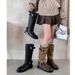 Cowhide Version Buckle Locomotive Boots Long Boots Women's Thick Heel Round Head Splicing Western Boots Pleated Stacking Boots Knight Boots_vogvips.com