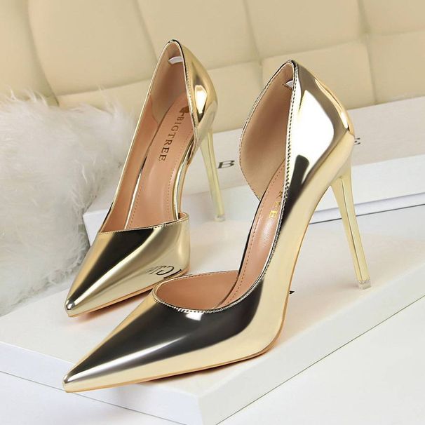 Women S Pumps Fashion Sexy Nightclub Pointed Toe Stiletto Hollow Single Shoes Metal Surface Shallow Mouth OL Simple High_vogvips.com