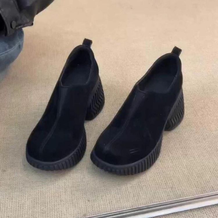 Women's Shoes Retro Round Toe Slip On Platform Shoes For Petite Women, Suitable For Commuting, Genuine Leather, Elastic Band, Deep Opening._vogvips.com