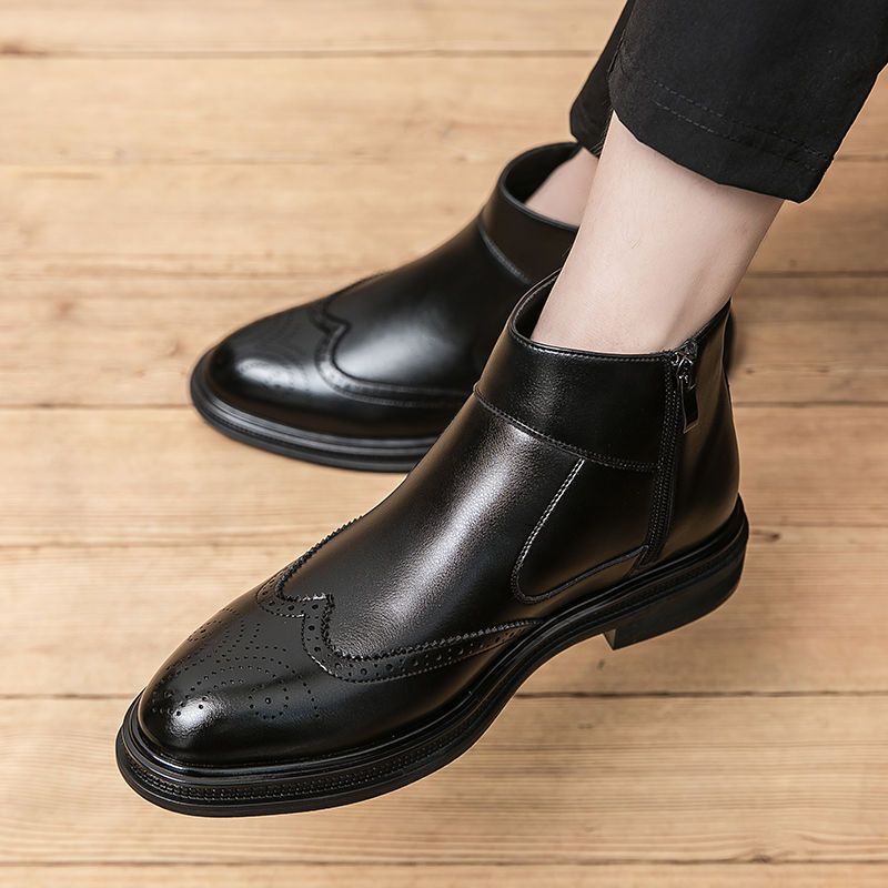 Euro Step Autumn Pointed Toe High Top Leather Shoes Men Casual Martin Short Zipper British Brogue Hidden Heel Boots_vogvips.com