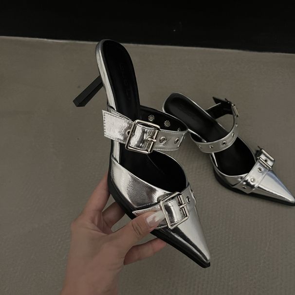 Summer 2024~Pointed Slim Belt Buckle, Single Shoe, Women's Bag Top, Silver Back Hollow High Heel Sandals_vogvips.com