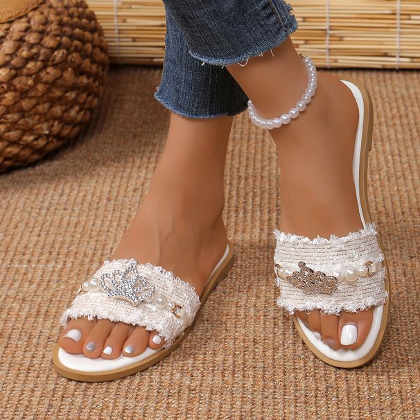 Women's Plus Size Flat Sandals New Style Casual Pearl Rhinestone Beach Shoes For Summer_vogvips.com