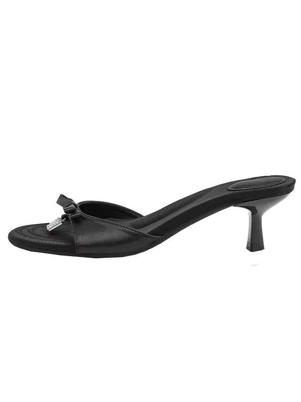 2025 New Letter Small Fragrance Rhinestone Bowknot Sandals For Women Satin Kitten Heel Slippers One-Word High Heels_vogvips.com