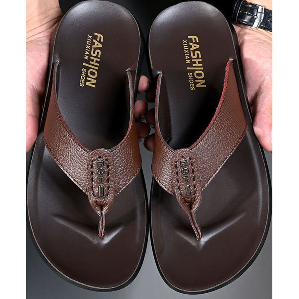 Mens Brown Leather Flip Flops Thong Design Durable Construction For Daily Wear And Beach Activities_vogvips.com