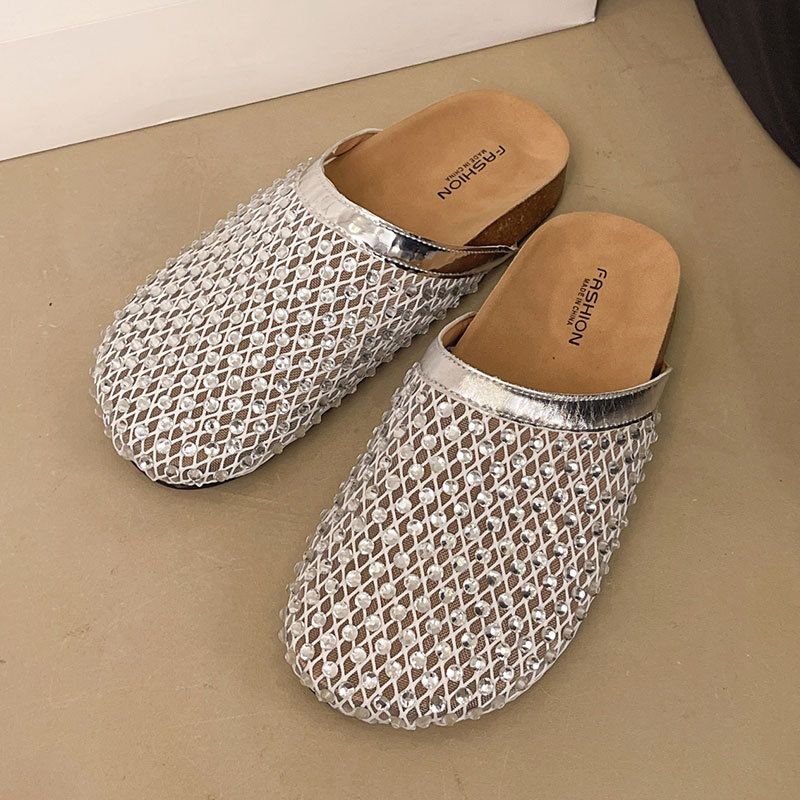 Women's Rhinestone Fishnet Closed Toe Sandals Breathable Hollow out Slip-On Mules Summer 2026 New Fashion_vogvips.com