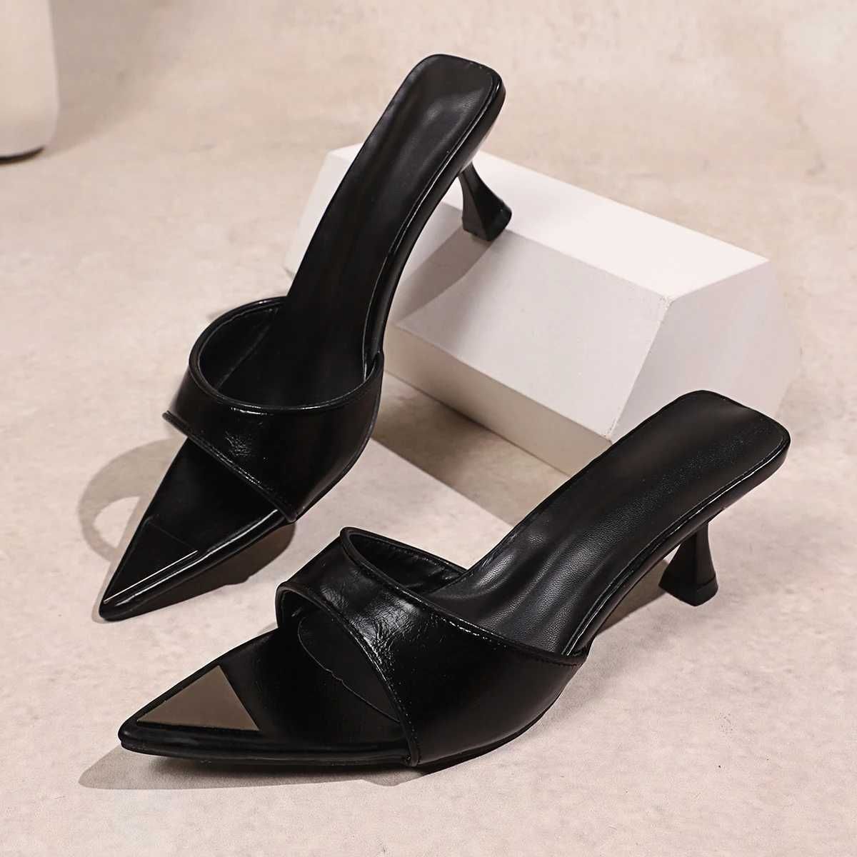 Leopard Print Pointed Toe Heels For Women Metal Tip Kitten Heel Mule Sandals Summer Slip On Strappy Heels_vogvips.com
