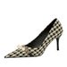 9283-A1 Thin High Heel Shallow Pointed Head Cloth Plaid Houndstooth Metal Chain Pearl Single Shoes_vogvips.com