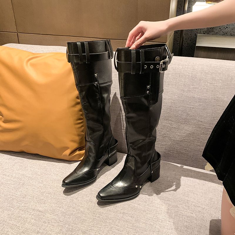 Over-the-Knee 2025 Spring And Autumn Style Apricot Suede Pointed Toe For Women Chunky Heel Slimming Pleated Slouch Boots_vogvips.com