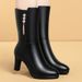 High Heel For Women Winter New Style Middle-aged Ladies Cotton Fashion Fleece-lined Mid Soft Leather Mom Shoes Mid-calf_vogvips.com