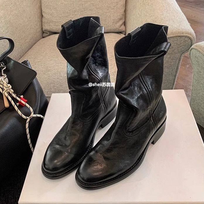 Grape Mom Same Style, Burke Road~ Leather V-mouth Western Boots Thick Heel Short Boots Women's Desert Boots 2025 Autumn And Winter_vogvips.com