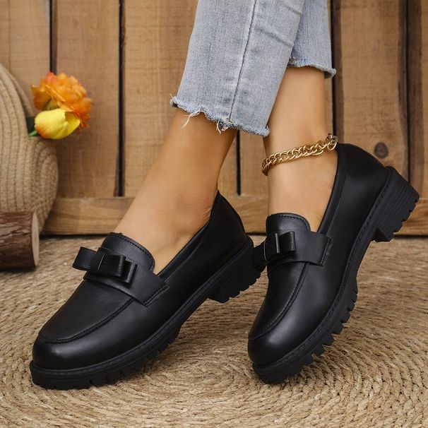 Small Leather Shoes Women's New Thick Soled Bow A Slip-on Large Size Loafers_vogvips.com