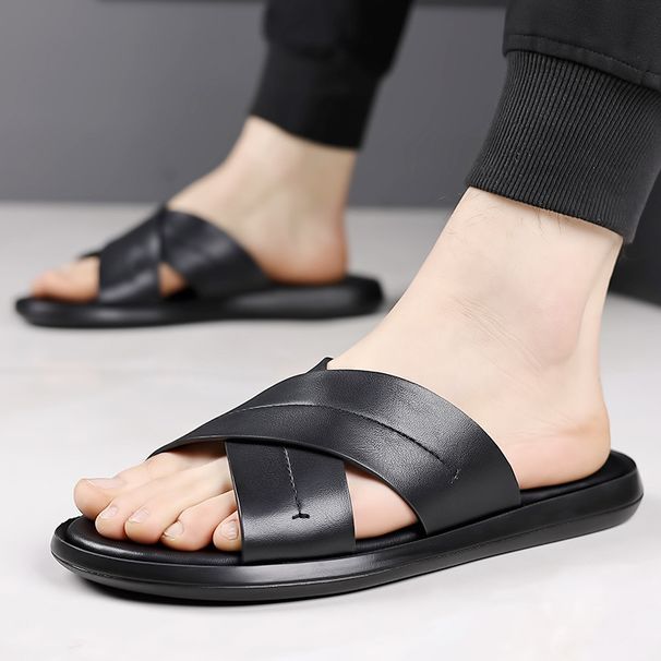 Summer 2025 Men's New Fashionable And Trendy Leather One-piece Anti Slip Sandals_vogvips.com