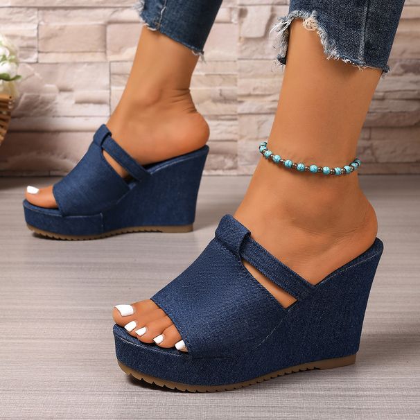 Women's plus Size Wedge Sandals Summer Peep Toe Thick Sole Denim New Style Size 43_vogvips.com