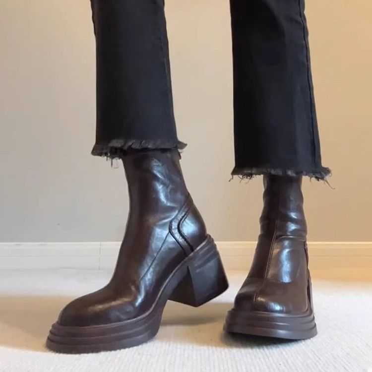 Cowhide Version~ Brown Genuine Leather Thick-Soled Height-Increasing Martin For Women Simple Back Zipper Chunky Heel_vogvips.com