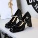 Women's Elegant Mary Jane Chunky Heel Shoes – Two-Tone Patent Leather With Pearl Accents & Platform For Parties & Evening Wear_vogvips.com