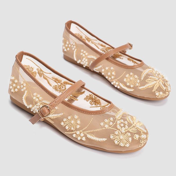 Embroidered Pearl Mary Jane Flats - Breathable Mesh & Round Toe Ballet Shoes (Elegant, Comfortable, Vintage-Inspired For Women)_vogvips.com
