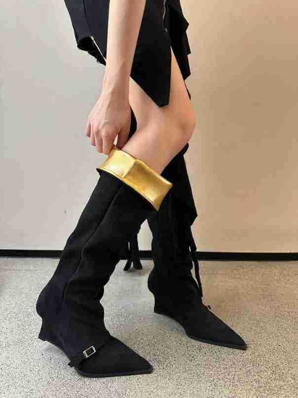 2025 Autumn Slimming Sleeve Knight Pointed Toe Hidden Wedge Two-Way Wear Niche Hot Girl Over-the-Knee Fashion Boots_vogvips.com