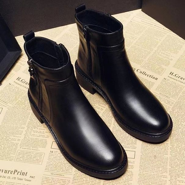 Flat Short Autumn Winter 2024 Slim Martin Leather Women's Single Boots Fleece Lined Warm Thickened_vogvips.com