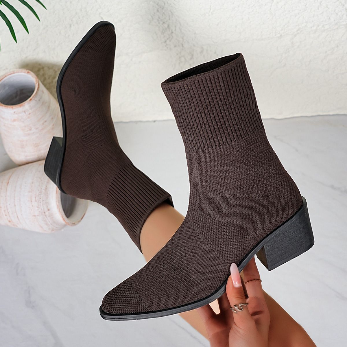 Women's Slimming mid Heel Sock Boots Knitted plus Size Chunky Fashion Cowboy Boots for Spring New Style Elastic_vogvips.com