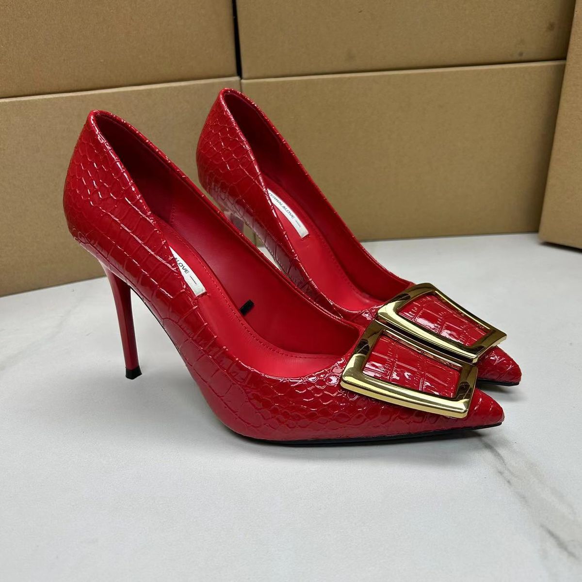 Metal Decorative Snakeskin Pattern Solid Color Fashion Shallow Women S High Heels_vogvips.com