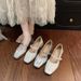 French Silver Pleated Middle Heel Mary Jane Shoes Women's One-word Buckle With Soft Leather Light Mouth Thick Heel High Heels_vogvips.com