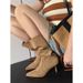 Women's Stacked Heel Western Boots - Mid Calf Cowboy Boots With Pointed Toe & Stitching Detail, Slenderizing Fashion Boots In Beige/Black"_vogvips.com