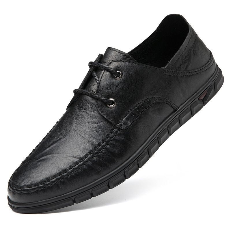 Large Size First Layer Men's Shoes Hole Casual Leather Shoes Lace-up Work Flats_vogvips.com