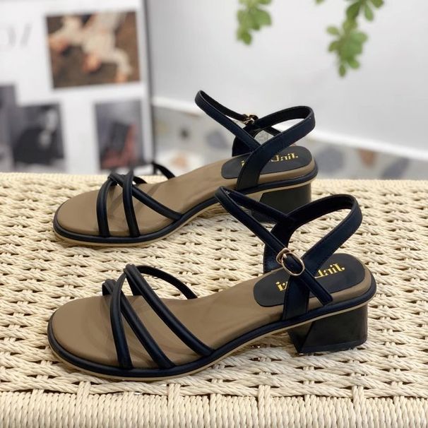 Skinny Sandals Female One-word Belt Medium Heel Thick Heel Fairy Style With Skirt Black Versatile Roman Shoes_vogvips.com