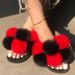 Women’s Shoes Color Matching Fur Ball Slippers O Wear Outside Arge Size Flat Bottom Fur Slippers_vogvips.com