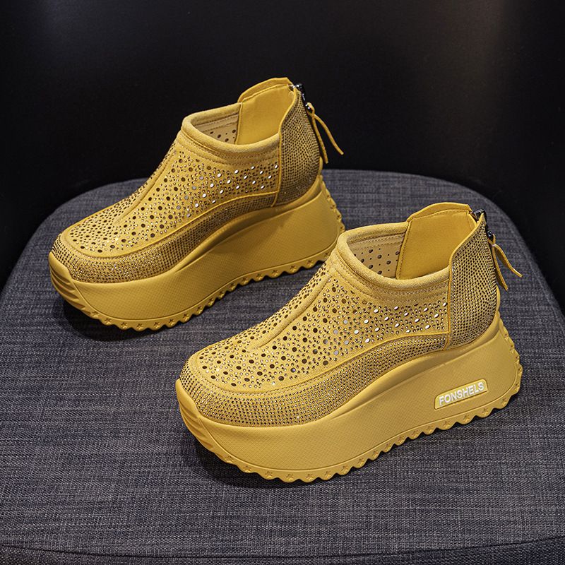 Hollow Women's Sandals Round Head Gypsy Rhinestone Casual Breathable Thick-soled Heightening Shoes_vogvips.com