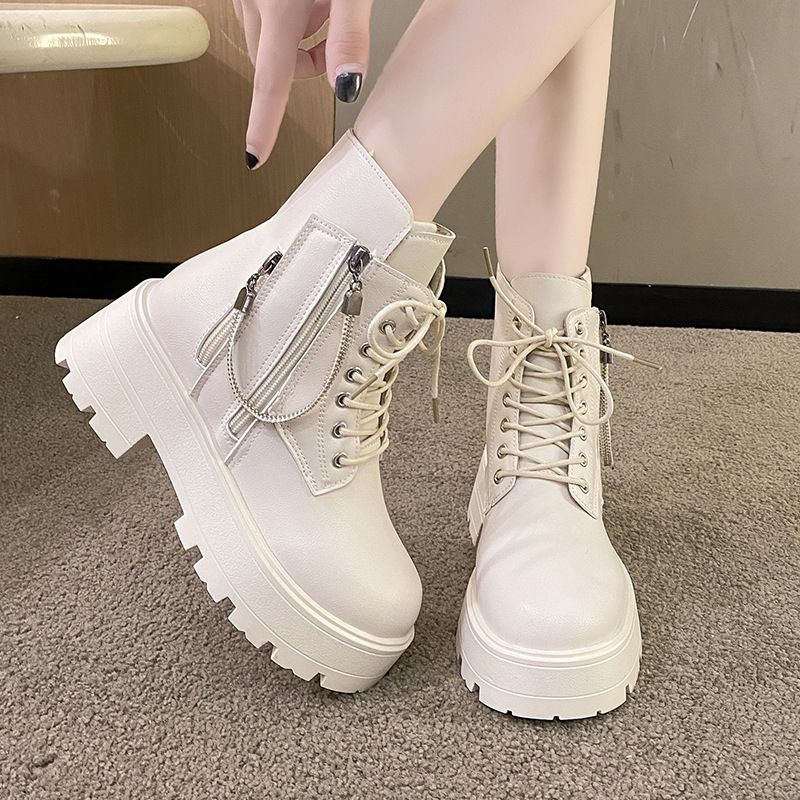 White Martin For Women 2025 New Double Zipper Motorcycle Autumn Winter Single British Style Thick Sole Height Increasing_vogvips.com