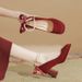 Women's Autumn New Square-Toe Bridal Shoes - Red Suede Mary Jane Pumps With Bow & Pearl Accents (Low Block Heel)_vogvips.com