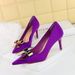 18249-AK68 Korean Style Fashion Party Women's Stiletto High Heels Satin Shallow Mouth Pointed Toe Metal Bow Single Shoes_vogvips.com