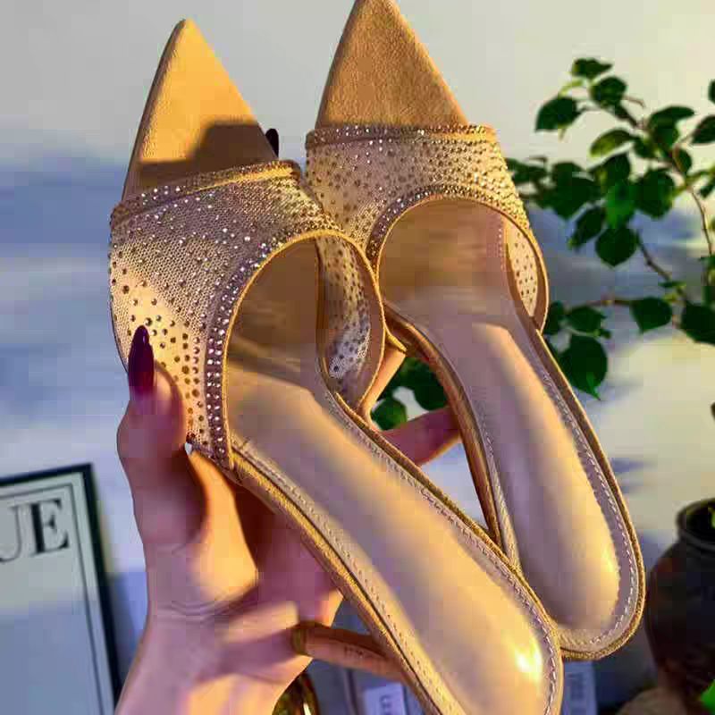 Pointed-toe Sexy Rhinestone High Heels Women's Summer Fashion Mules Mesh Breathable Stiletto Sandals Slingbacks_vogvips.com