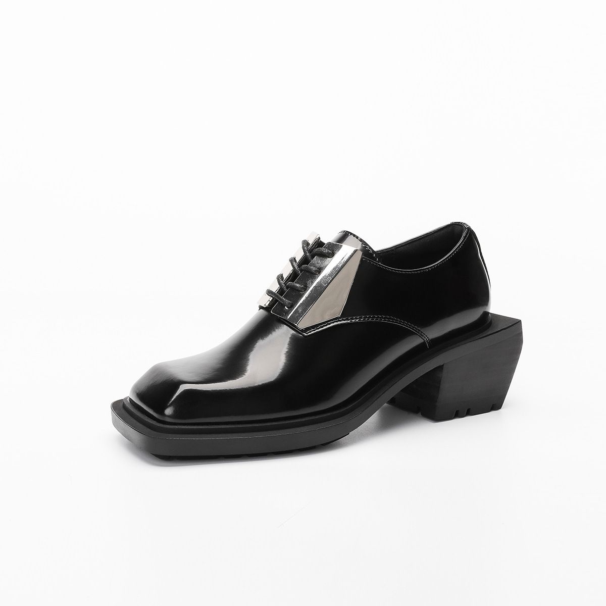 Loafers Small Leather For Women With Metal Decoration, Lace-Up Retro 2022 Early Spring Square Toe Chunky Heel Single_vogvips.com