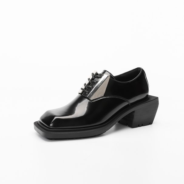 Loafers Small Leather For Women With Metal Decoration, Lace-Up Retro 2022 Early Spring Square Toe Chunky Heel Single_vogvips.com