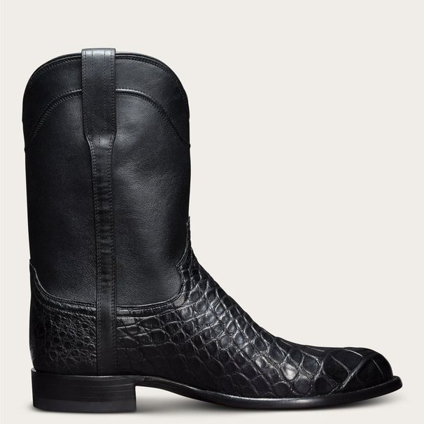 Two Tone Brown Croc Embossed Leather Western Cowboy Mid Calf Square Toe Low Block Heel Classic Men Riding Boots_vogvips.com