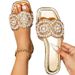 Summer New Women's Pearl Embellished Gold Metallic Square Toe Sandals Bling Rhinestone Flats_vogvips.com