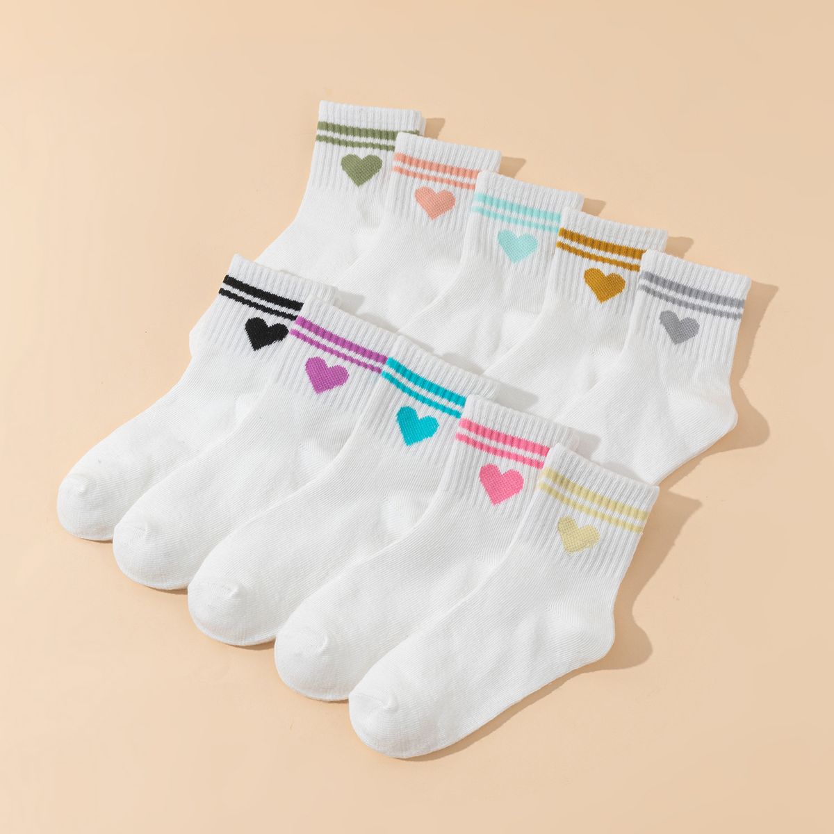 10 Pairs Kids Socks Heart Pattern Bar White Basic Sports Versatile Children's Footwear,girls' School Socks_vogvips.com