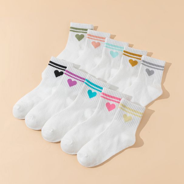 10 Pairs Kids Socks Heart Pattern Bar White Basic Sports Versatile Children's Footwear,girls' School Socks_vogvips.com