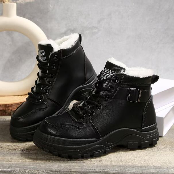 Women's Shoes Winter Warm Lace-Up Mid-Calf Boots With Faux Fur Lining, Platform Sole & Round Toe For Casual Comfort High Top Short Boots Shoes_vogvips.com