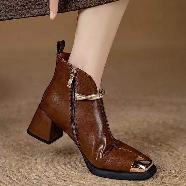 Women's Square Toe Metallic Pearl mid Heel Fashion Boots Autumn Retro Chunky Heel British Style Martin Boots_vogvips.com